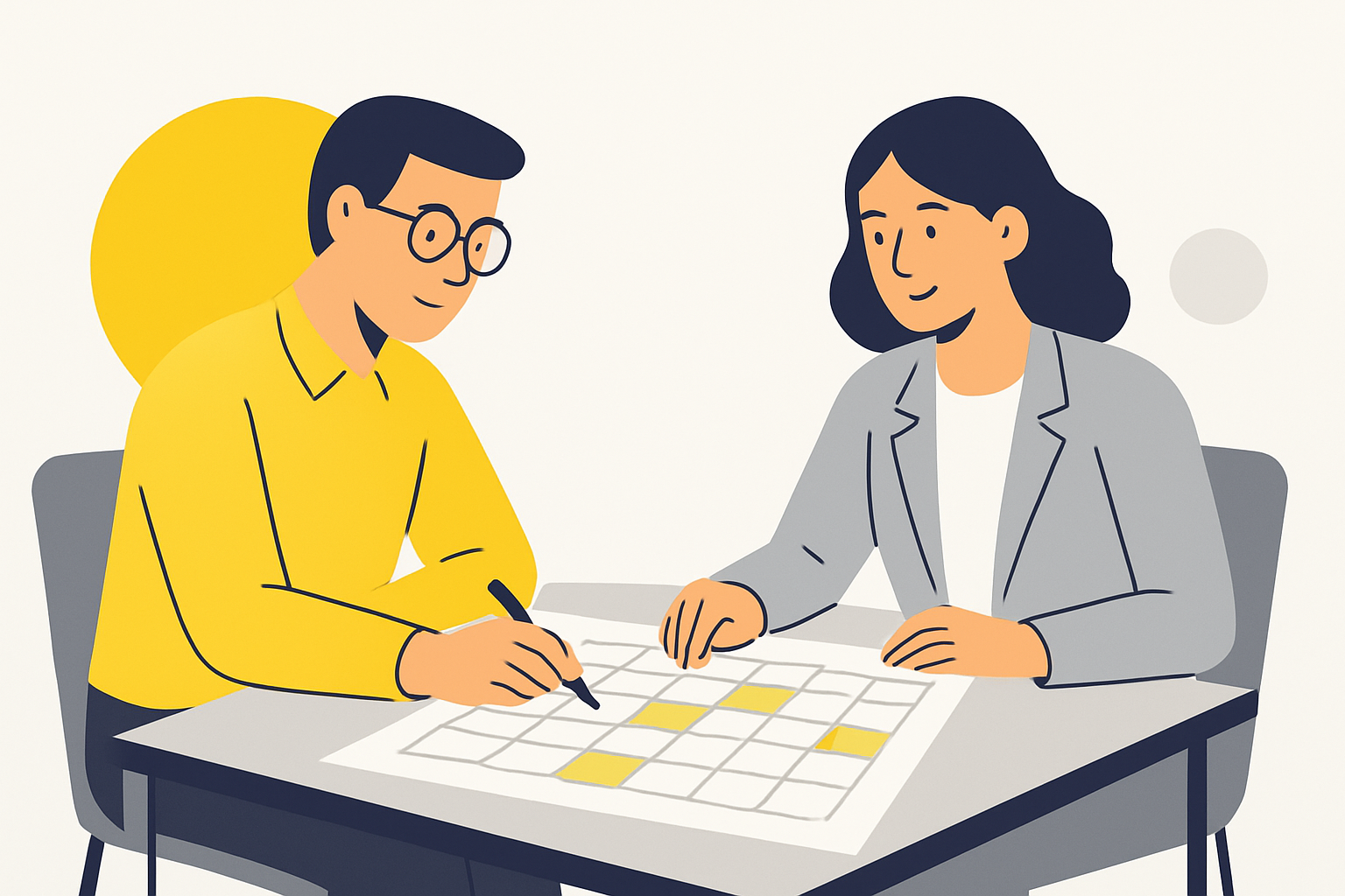 an editor and a content strategist sitting together at a table, annotating a printed content calendar spread out between them