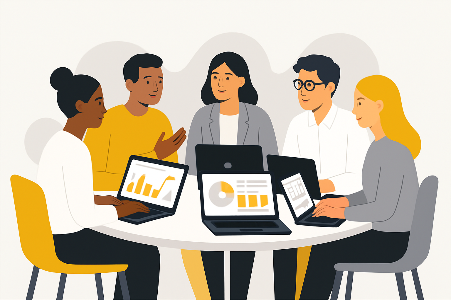 A diverse group of five professionals at a round table, each with a laptop open to a different dashboard view, mid-discussion