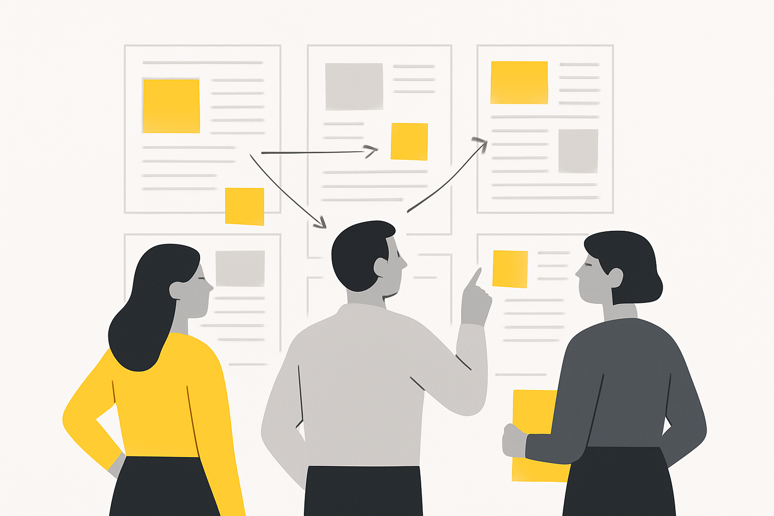 a small editorial team gathered around a wall of printed articles with sticky notes marking outdated stats and broken citation arrows