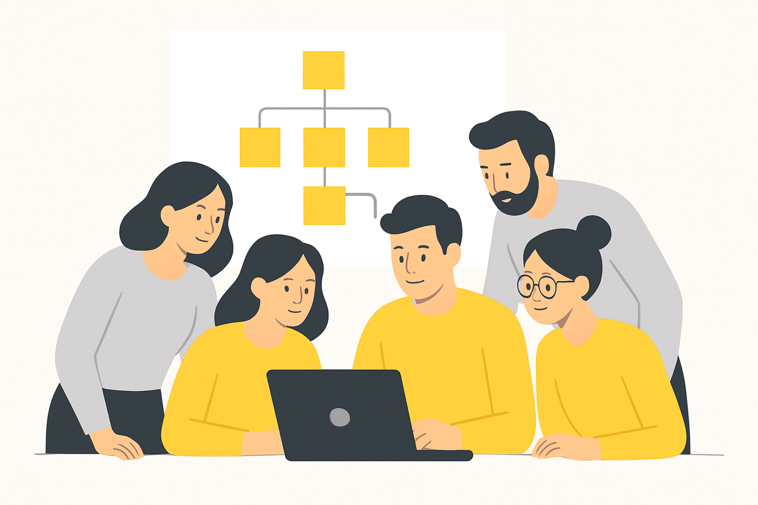 A five-person marketing team huddled around a laptop with sticky notes mapping steps on a whiteboard behind them