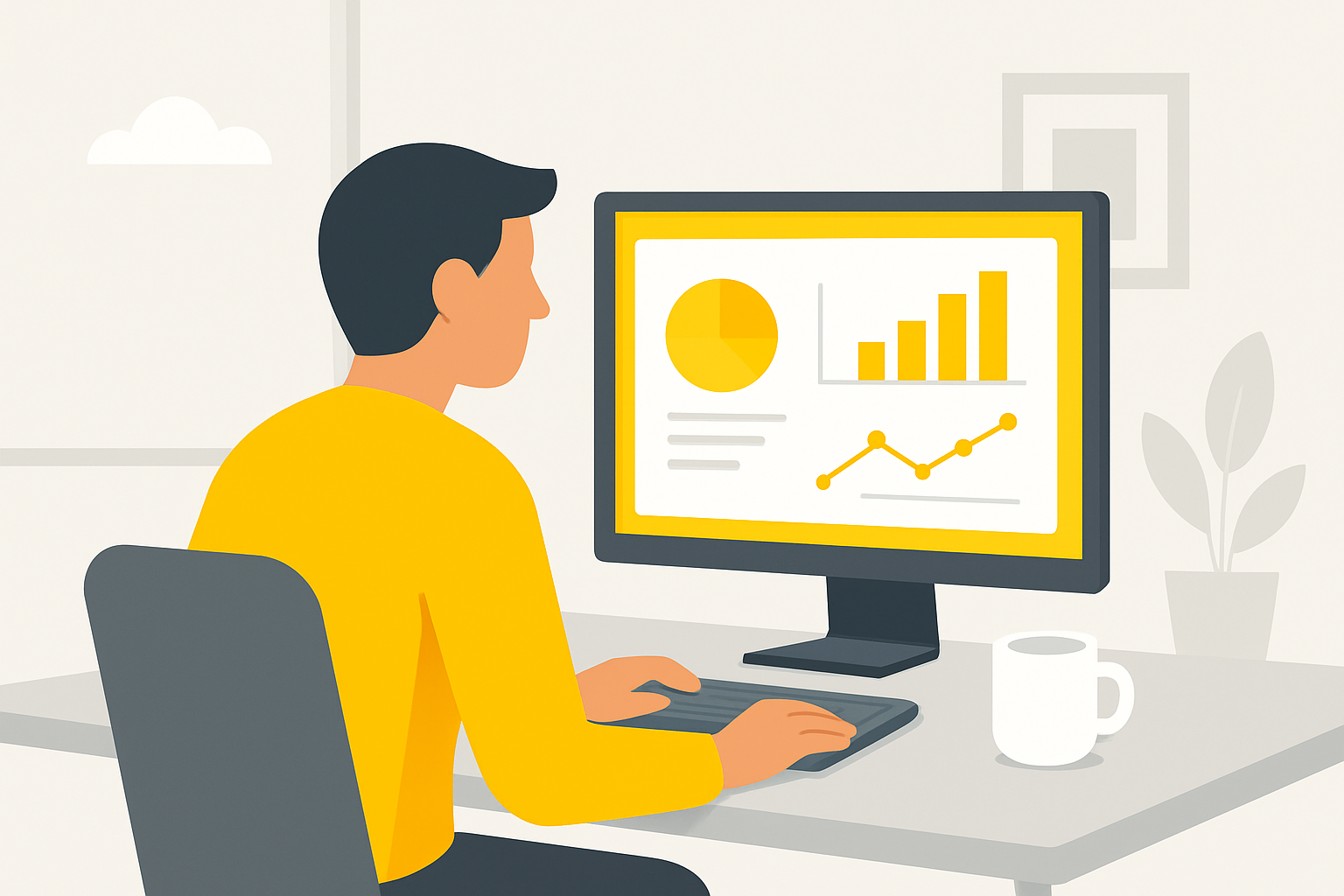 A solo marketer checking a performance dashboard on a monitor in a quiet office with a coffee cup beside the keyboard