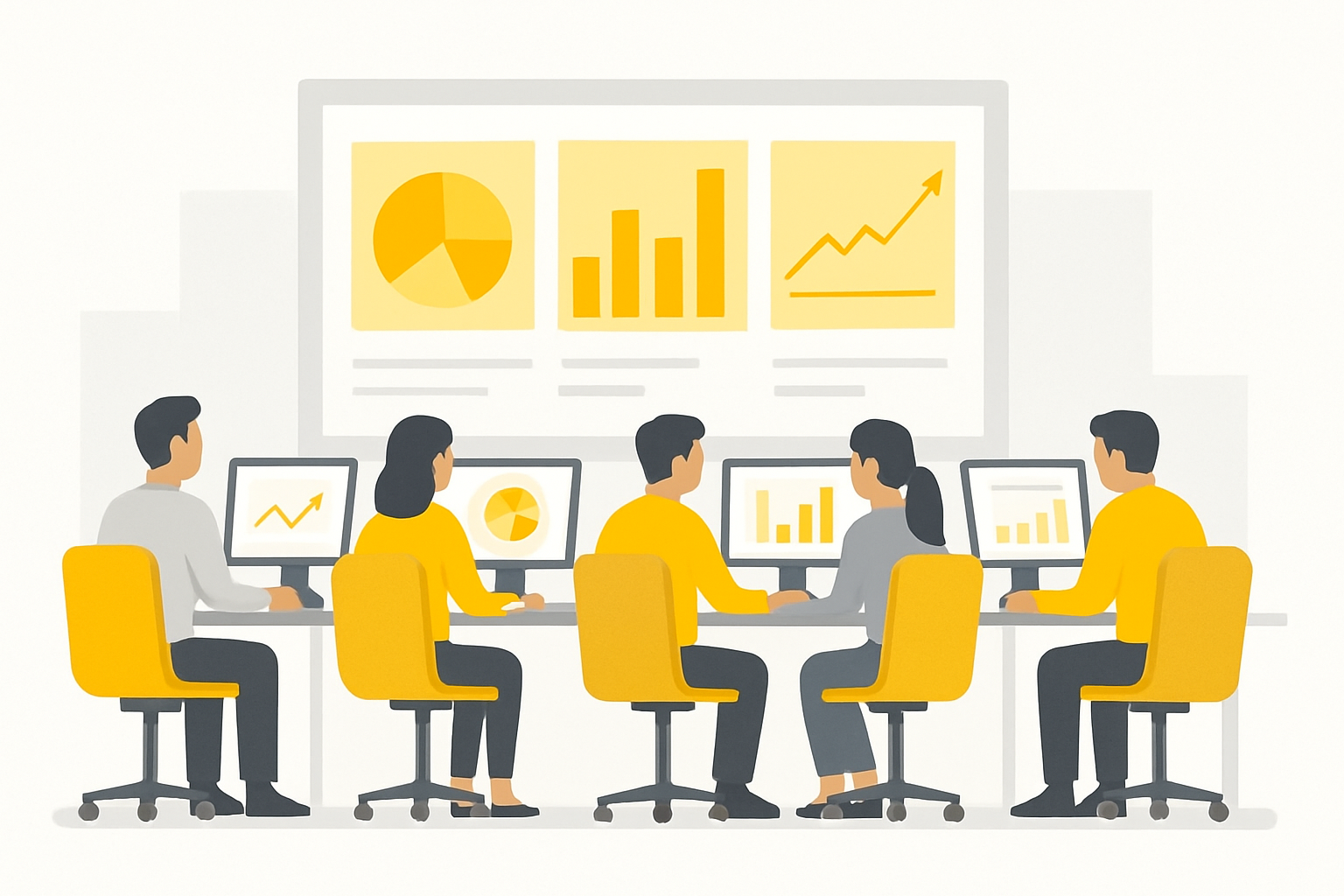 five small desks in one open office, each with a different team reviewing a distinct report on their screen, all facing the same shared wall display