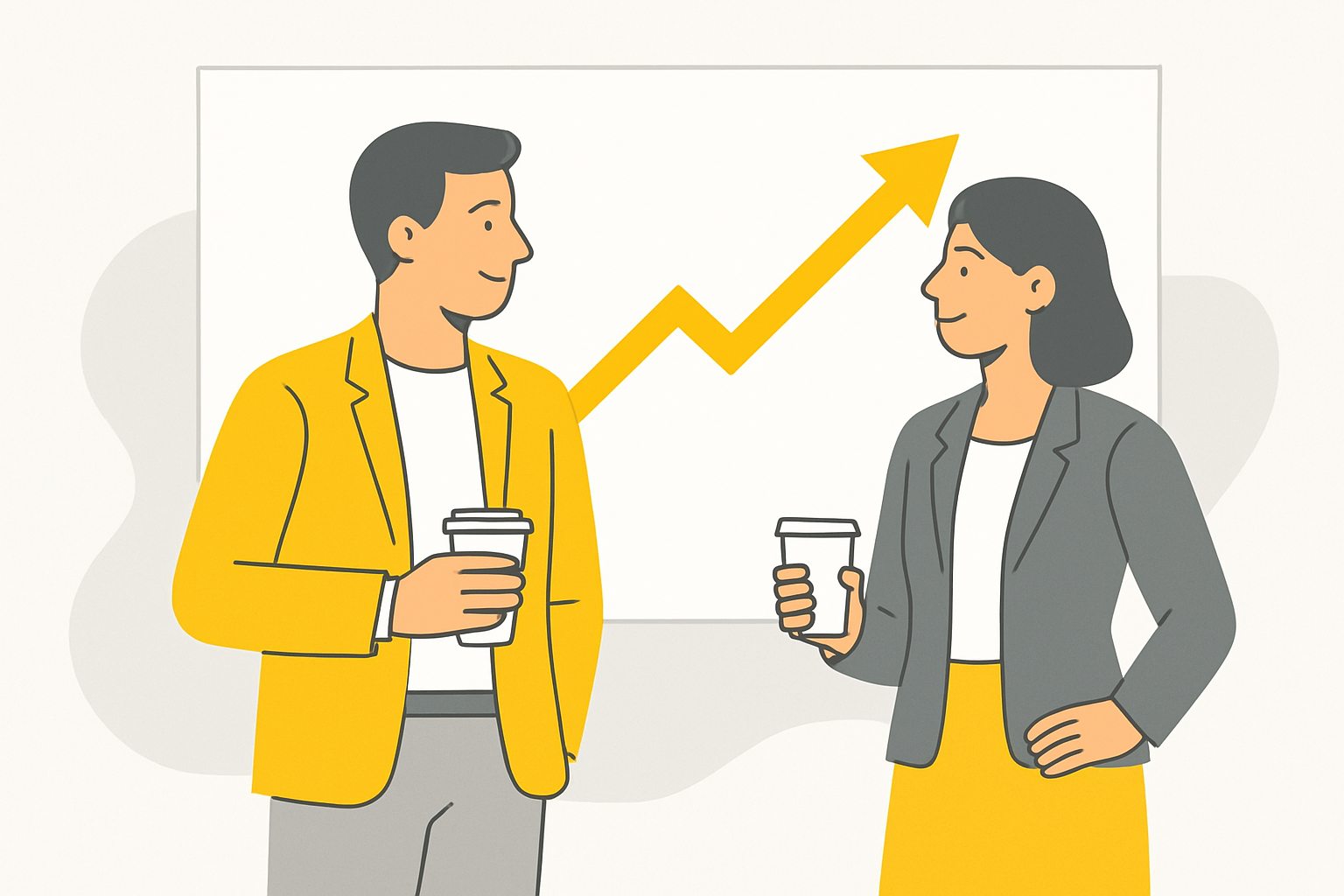 A founder and chief marketing officer standing before a glass wall with a single ascending trend line, both holding coffee cups and nodding in agreement