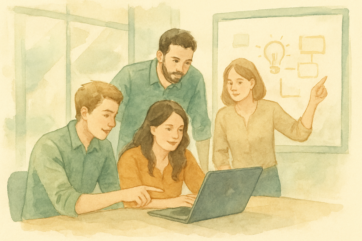 A small SaaS marketing team gathered around a laptop in a glass-walled office, pointing at a search results page while sketching topic ideas on a whiteboard behind them