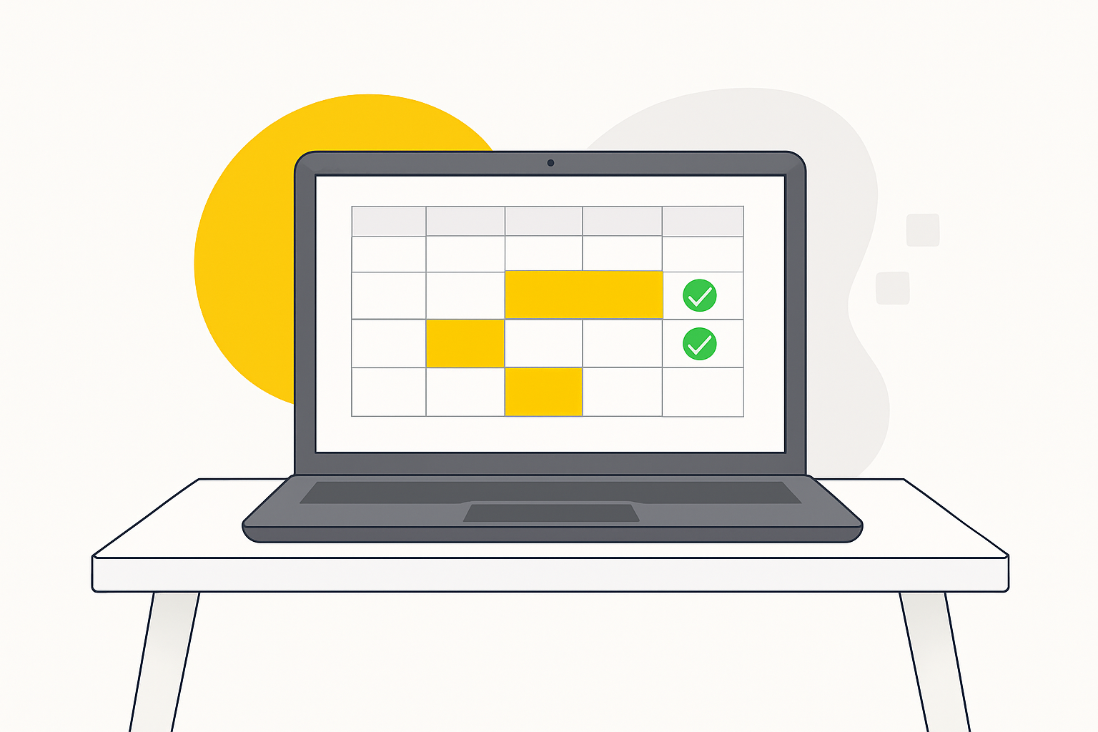 A single laptop on a minimalist white desk showing a clean content calendar with three highlighted buyer questions and a green published status beside each