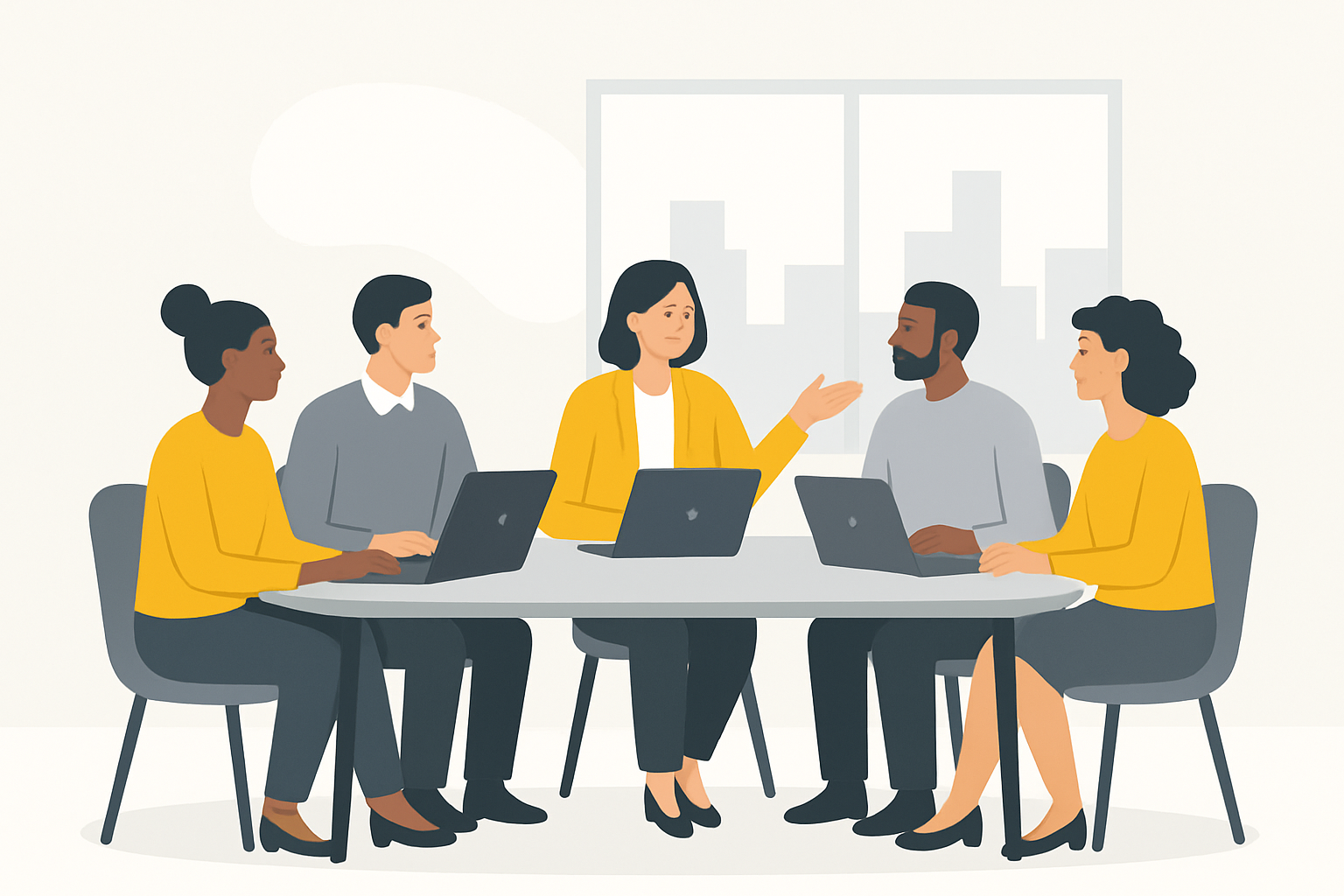 A diverse group of five professionals seated around a small conference table, laptops open, one person gesturing toward a window with city skyline visible, informal body language