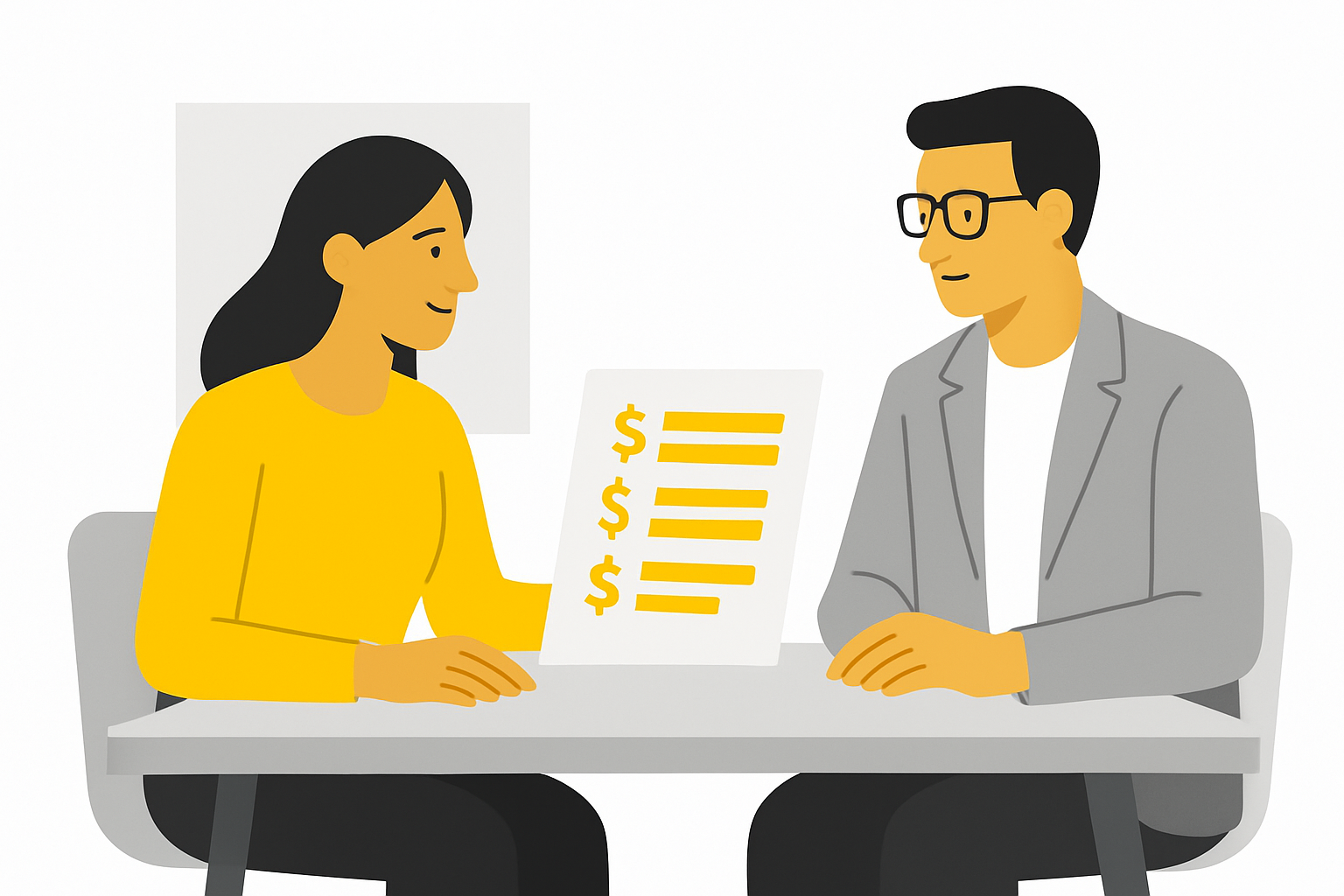 a founder and a content lead sitting across a table reviewing a one-page cost comparison sheet