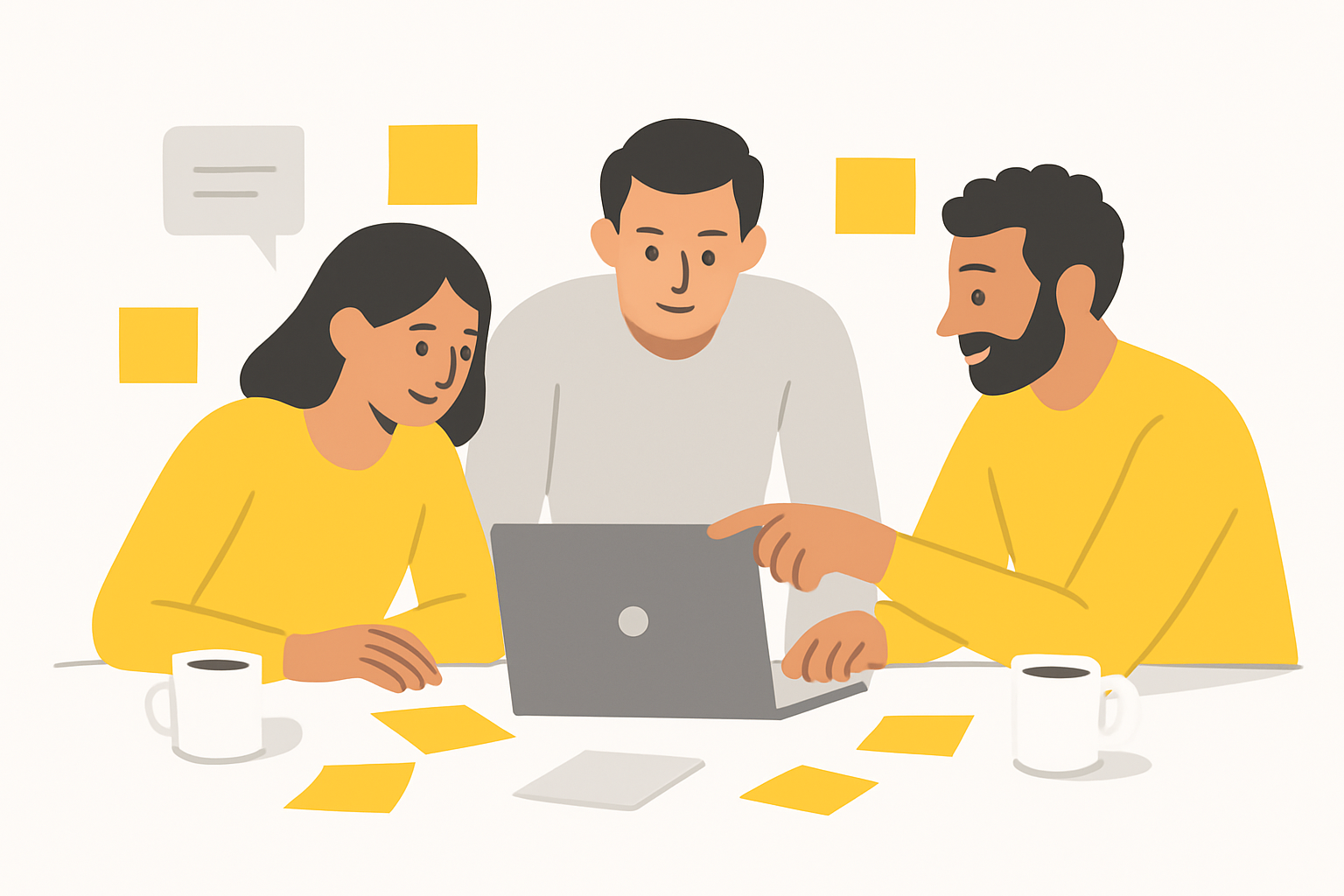 A small team of three people gathered around a laptop at a cluttered desk, sticky notes and coffee cups scattered around, one person pointing at the screen while the others lean in