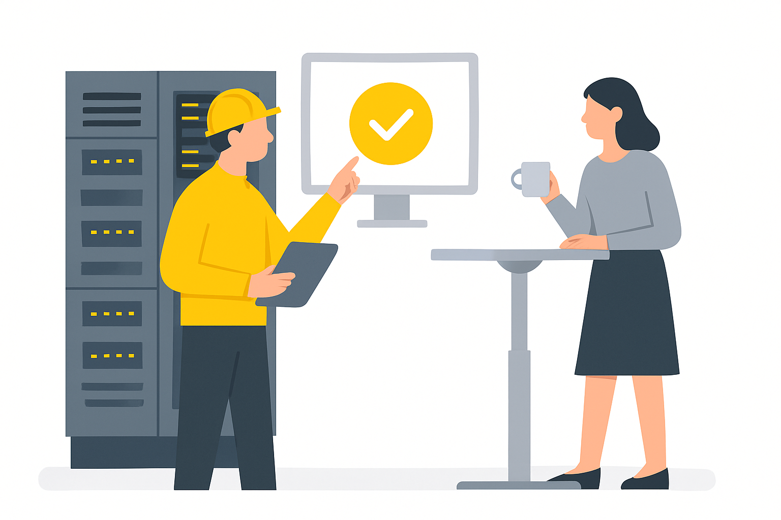 A server room technician checking a status monitor beside a calm office worker drinking coffee at a standing desk