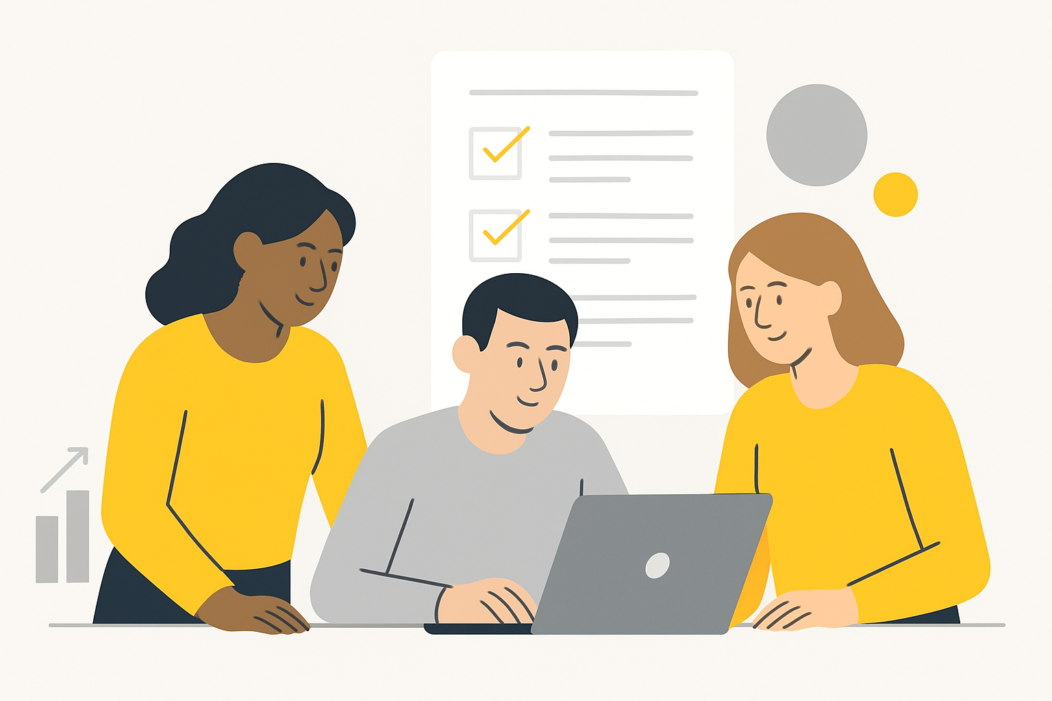 Representatives from product, marketing, and SEO teams gathered around a laptop reviewing a shared vendor rubric