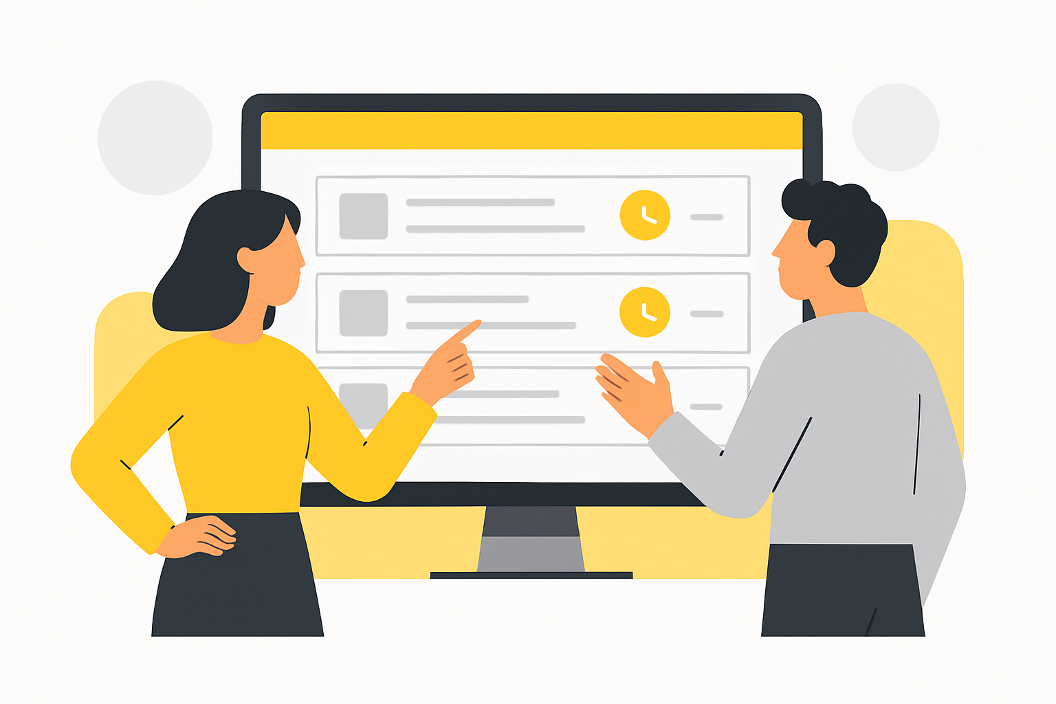 A publisher and a developer standing together at a shared monitor, pointing at a queue of scheduled articles waiting to go live