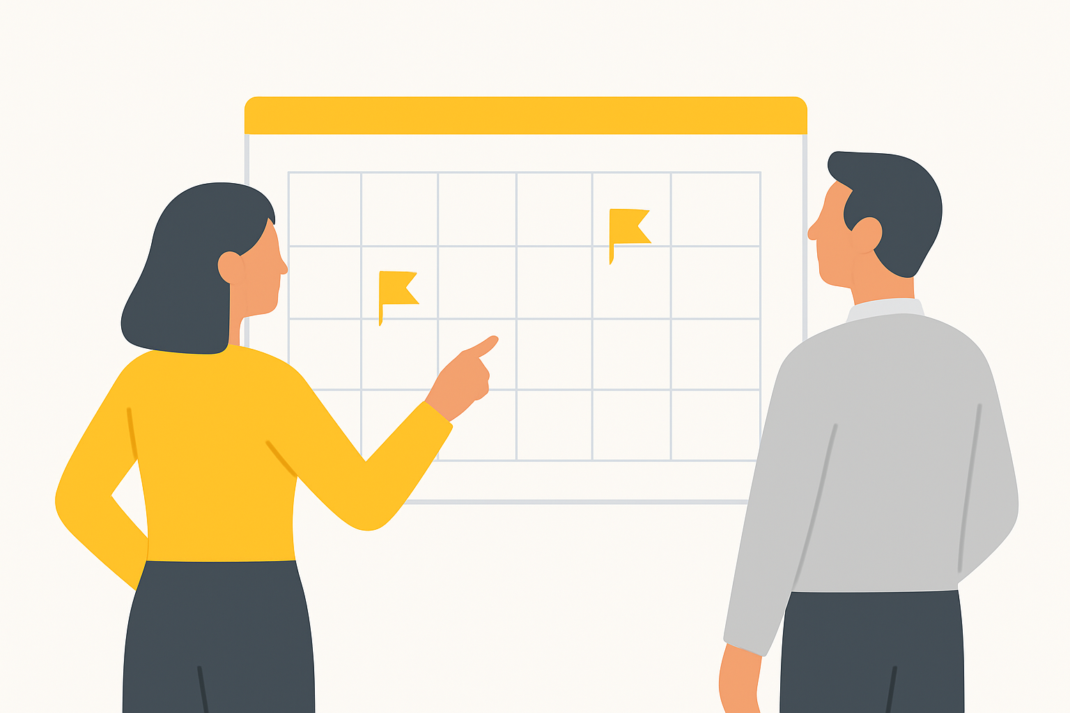 two people reviewing a wall-mounted screen showing a weekly calendar with flagged pages needing review