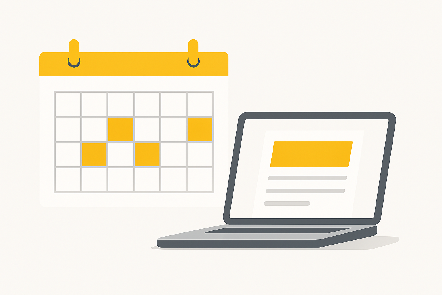 a shared wall calendar with publish dates marked across several weeks, a laptop open beside it showing a draft in progress