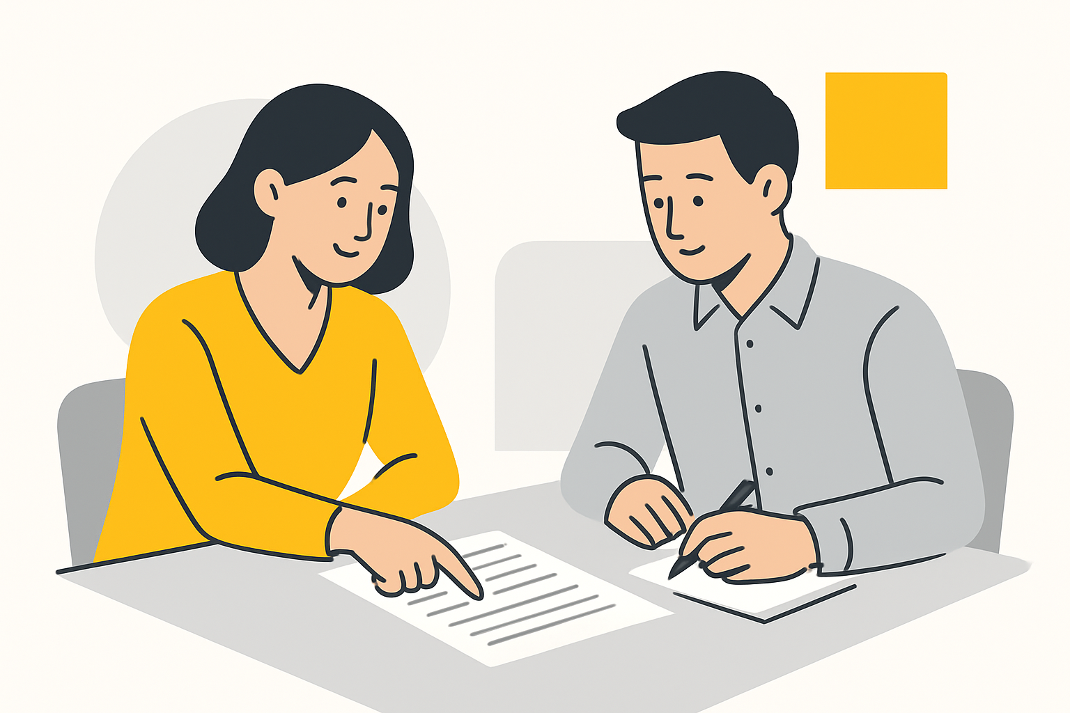 two people at a conference table reviewing a printed proposal, one pointing at a specific line while the other takes notes