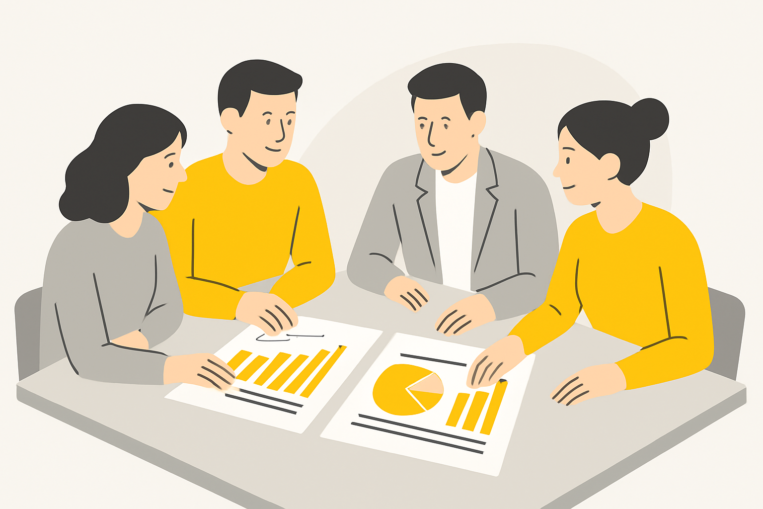 A small group of marketers at a conference table comparing two printed reports side by side, one highlighted in yellow