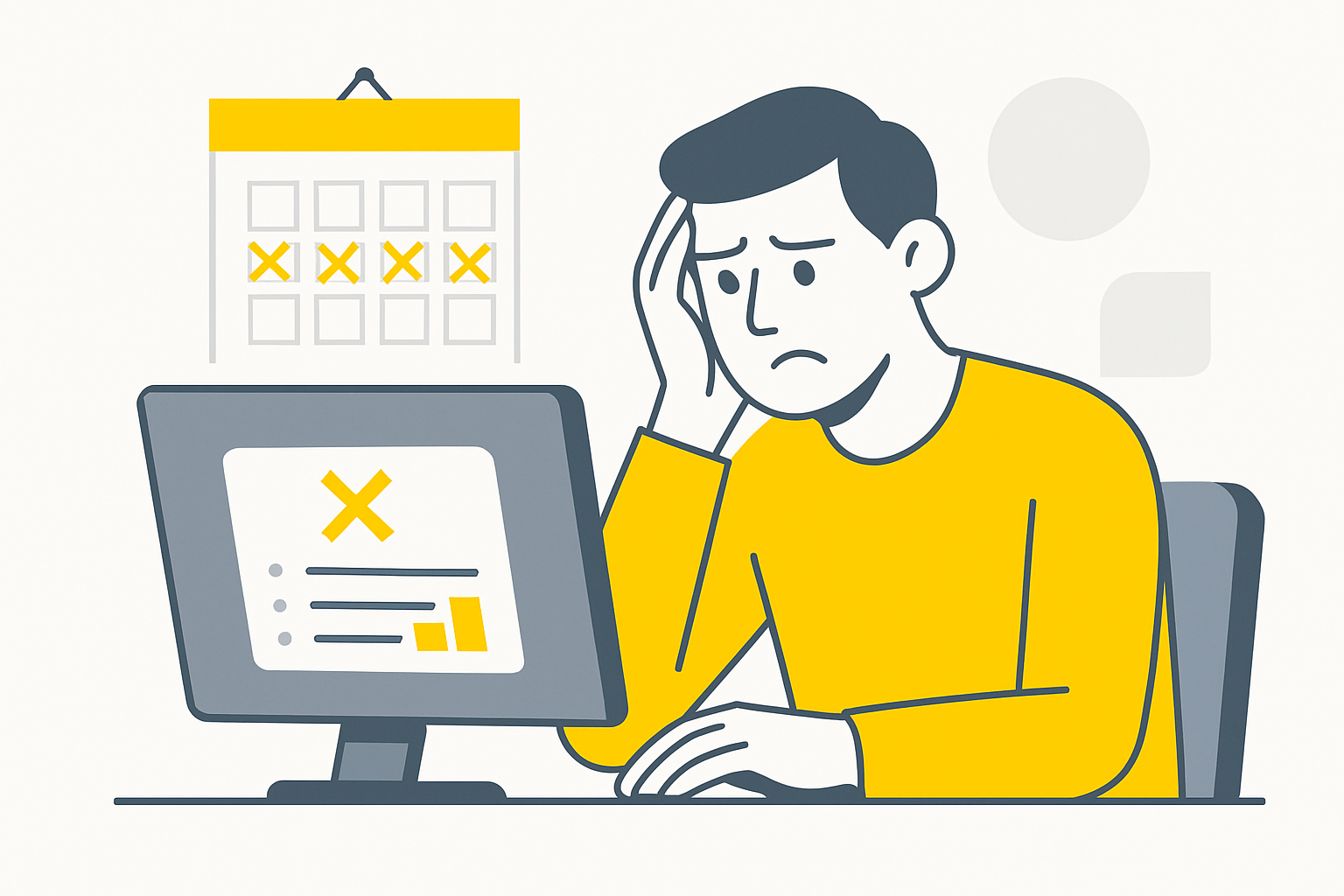 A frustrated marketer looking at a ticketing queue on a monitor while a calendar on the wall shows several crossed-off weeks