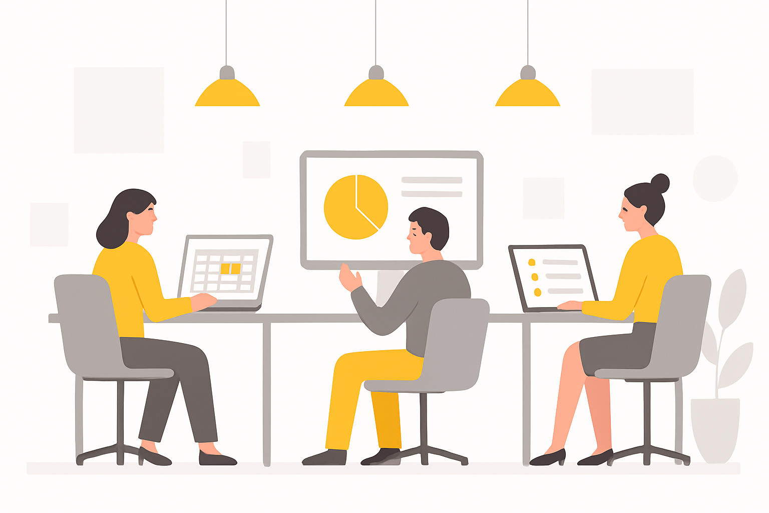 Three people at separate desks in the same open office, one with a spreadsheet, one with a slide deck, one with a query list on screen