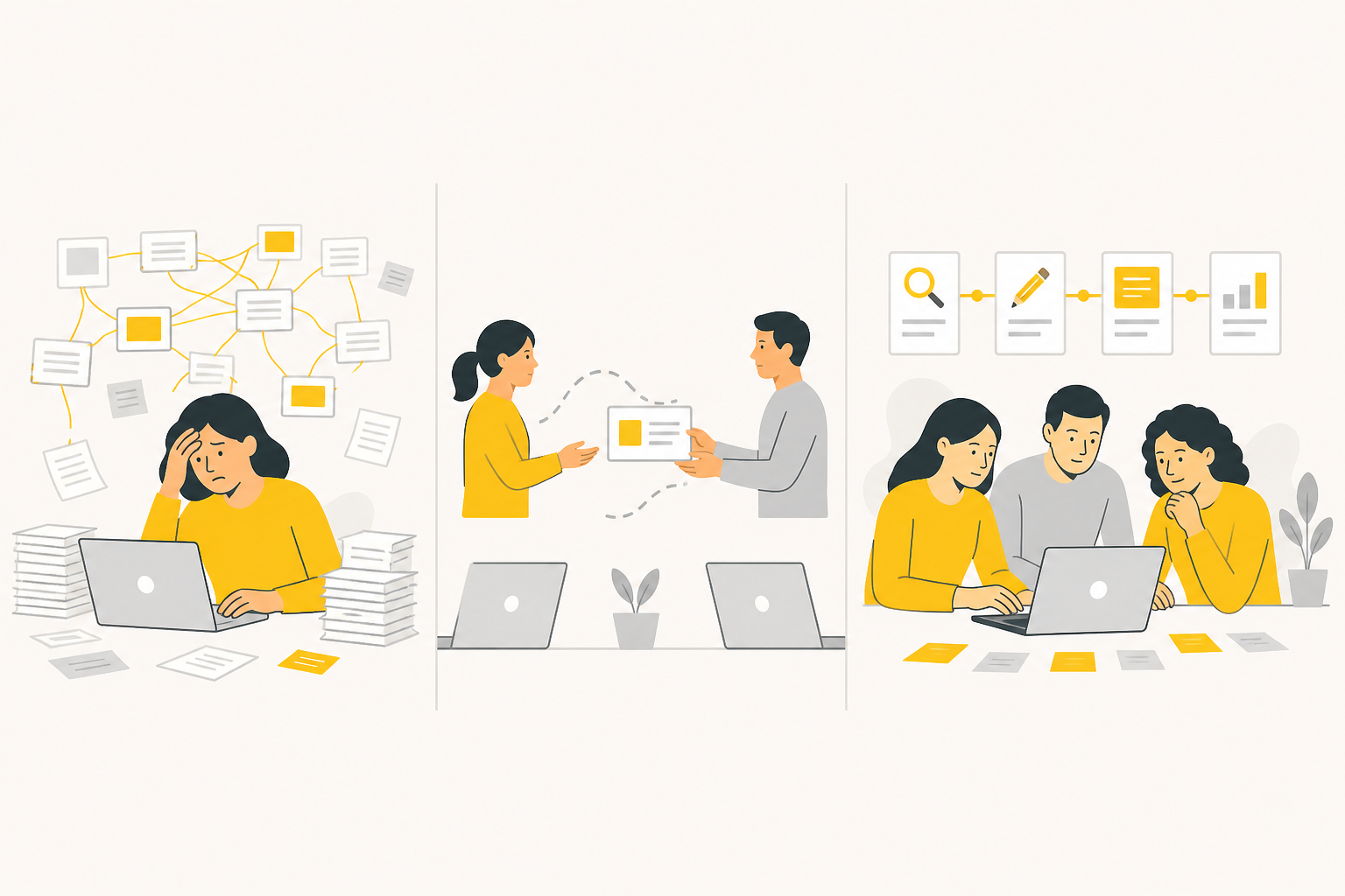 Two desks in the same open office, one with a single marketer surrounded by sticky notes and a whiteboard, the other with three people collaborating around a shared screen