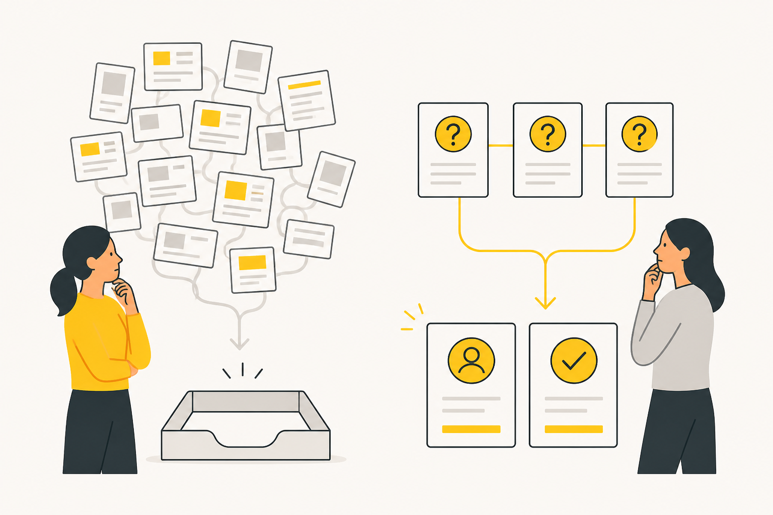 Two content paths comparing high-volume generic publishing with focused buyer-intent articles