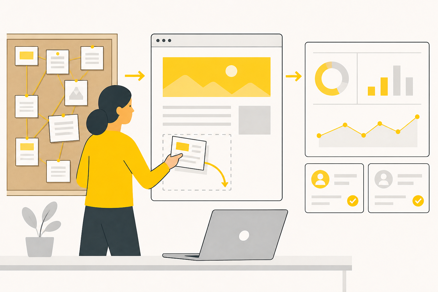 A reviewed article moving through a CMS into search visibility and qualified lead reporting
