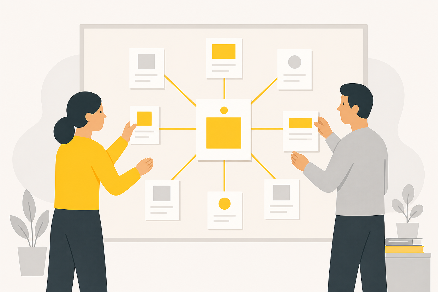 A small content team gathered around a whiteboard sketched with a hub-and-spoke diagram, coffee cups nearby, one person pointing at a cluster of sticky notes